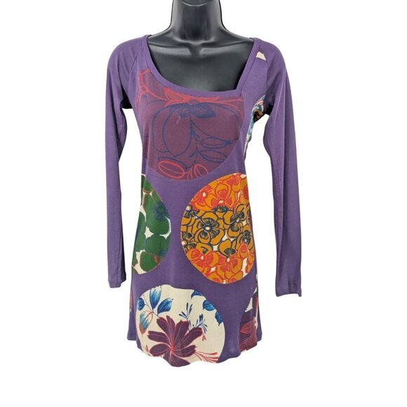 Custo Barcelona Floral Tunic Top Women Size S Asymmetrical Neck Artsy Y2K Retro - Picture 1 of 9